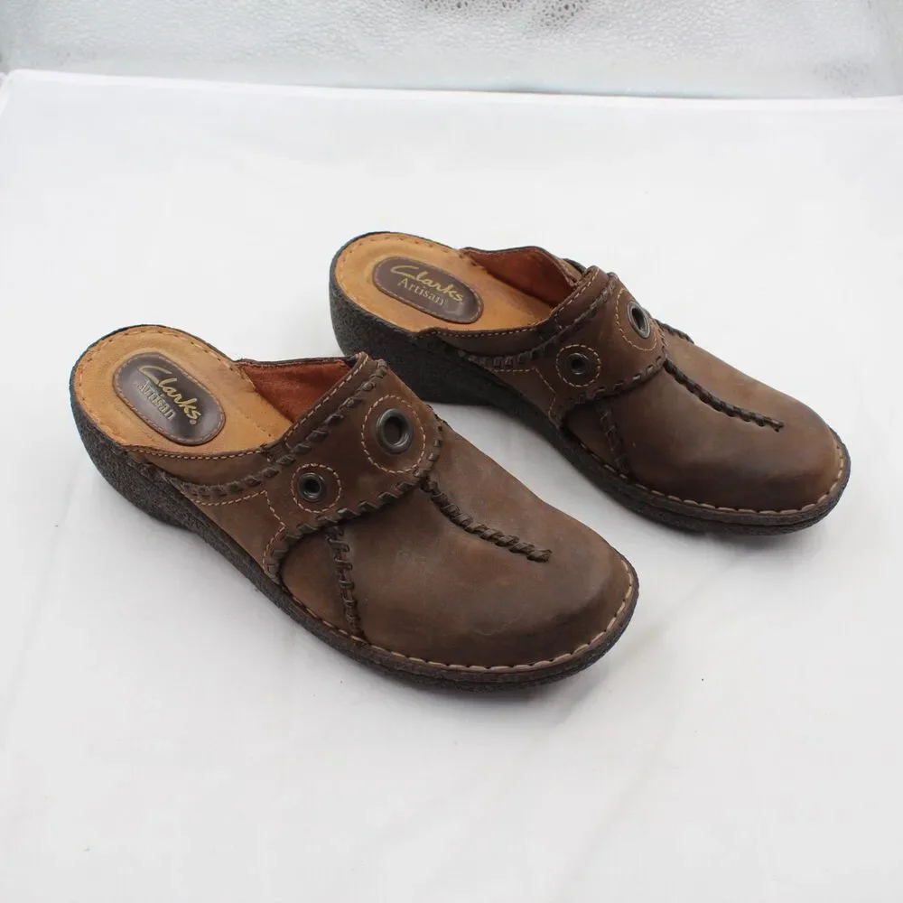 Clarks Artisan Women’s Size 7 Leather Slip-On Mules Clogs Comfort Shoes Brown